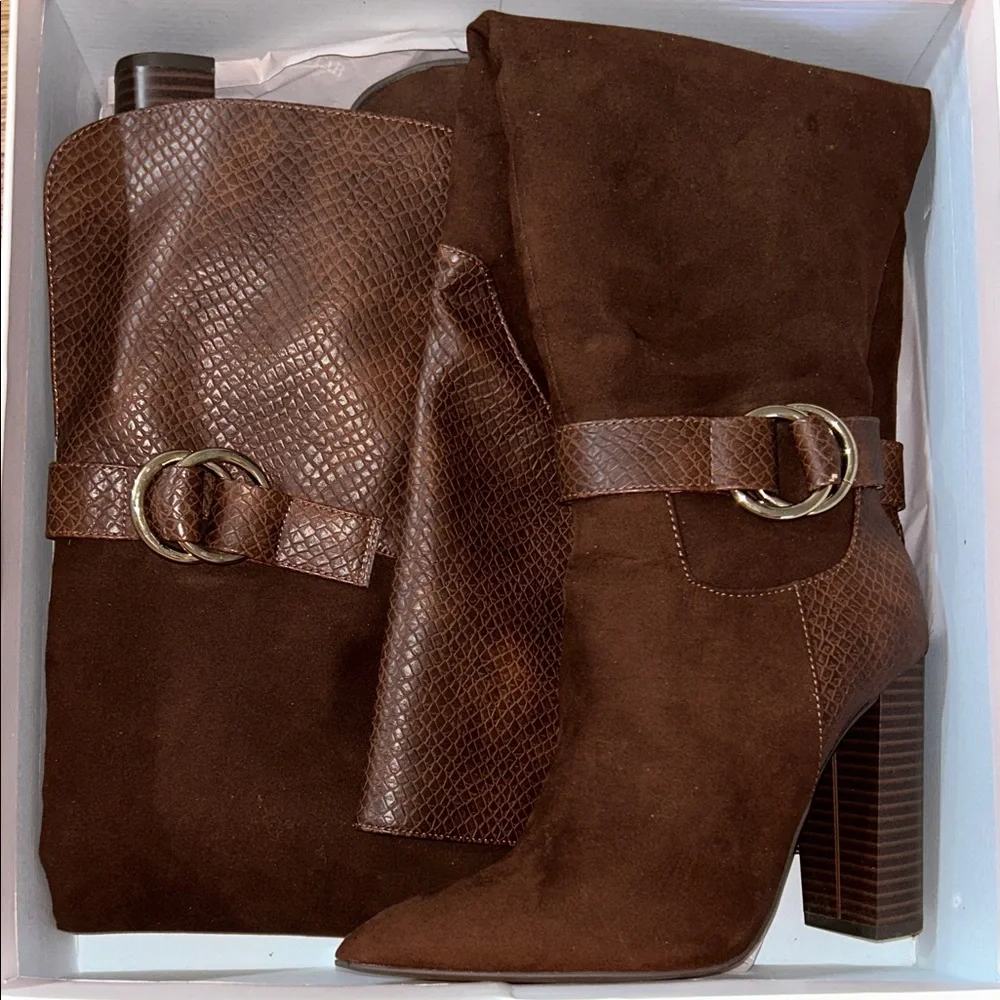 Brown Congnac Over The Knee Boots Roxanne Suede and Faux Leather size 7 NIB - Picture 2 of 6